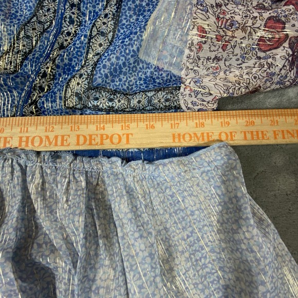 Free People Medium Top Flowy Aliya Long Slv Print Blue Metallic Gold Boho Hippie - Picture 14 of 16